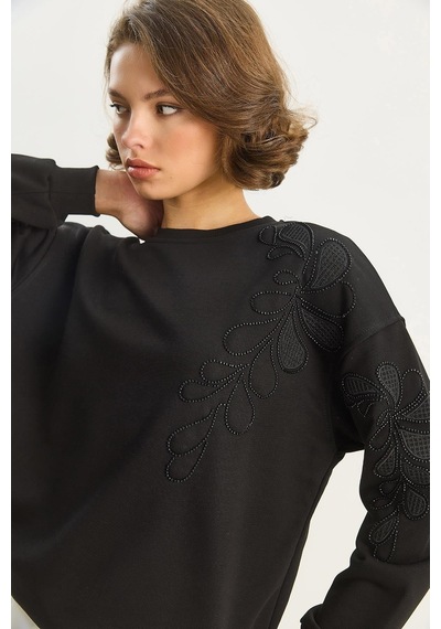 Shade Kadın Bisiklet Yaka Çiçek Nakış Ve Boncuk İşlemeli Sweatshirt 1562 60283633 - Siyah