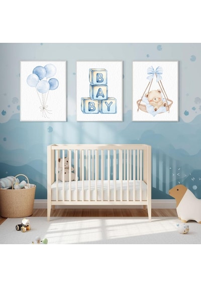 "besay Mavi Düşler ""baby"" Küp Temalı Çocuk Odası Dekorasyonu Yeni Doğan Erkek Bebek Hediyesi Poster 3'lü Set A2 Çerçeve