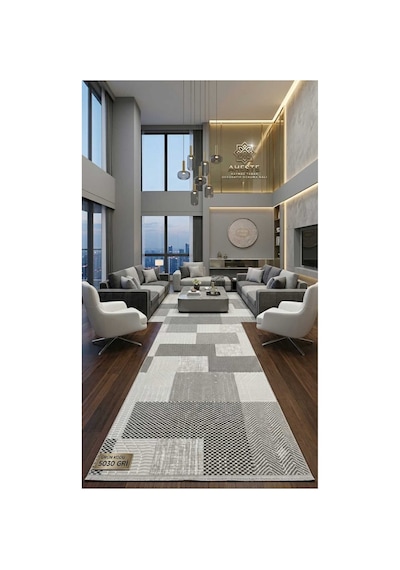 Nesrin Gri Kaymaz Taban Dekoratif Dokuma Halı Yolluk Geometrik Dama Karo Desen Salon Mutfak Halısı