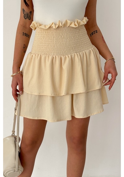 Kadın Katlı Smock Bel Mini Short Etek Summer Layers Bej