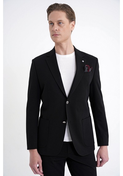 Comfort Fit Çift Yırtmaç Torba Cep Metal Düğmeli Siyah Blazer Ceket C 734
