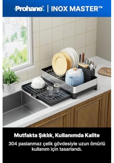 Inox Master Kd200 Kompakt Genişletilebilir Bulaşıklık 304 Paslanmaz Çelik Su Tahliyeli Tezgah Üstü Kurutmalık 50 x 22