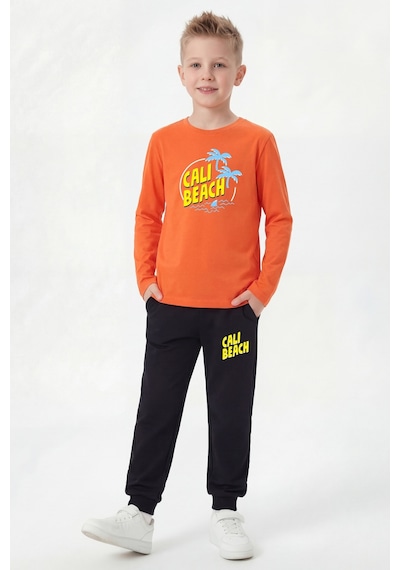Panios Kids 3'lü Yuvarlak Yaka Sweatshirt Siyah Eşofmanlı Baskı Detaylı 6 Parça Erkek Çocuk Alt Üst Takım Siyah - Turuncu