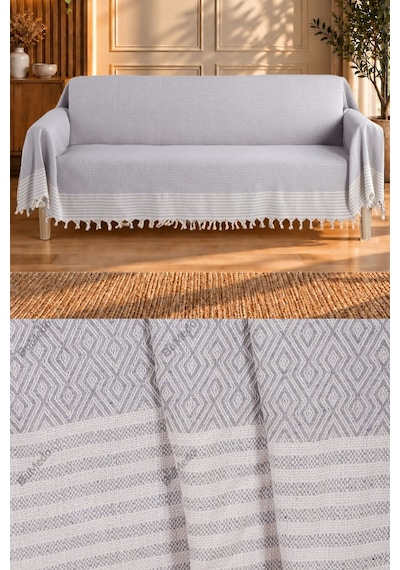 Natural Buldan İşi Kolları Örten Kaymaz Kanepe Çekyat Koltuk Örtüsü 180x300 Cm Pamuk Dokuma Açık Gri AÇIK GRİ