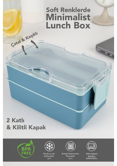 2 Katlı Kilitli Beslenme Kabı - Kendinden Çatal Kaşıklı Lunch Box Beslenme Kutusu Saklama Kabı Mavi