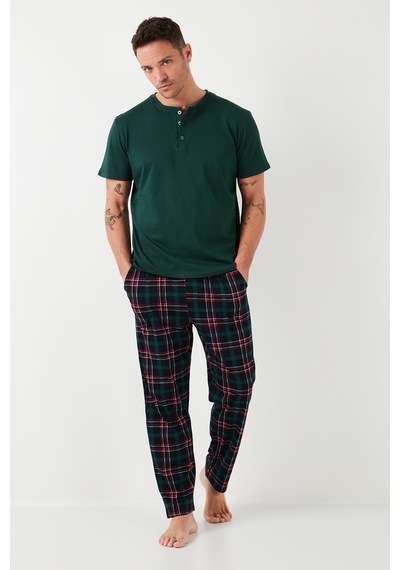 Buratti Ekoseli Pamuklu Beli Lastikli Regular Fit Kısa Kollu Erkek Pijama Takımı 6572004 Yeşil