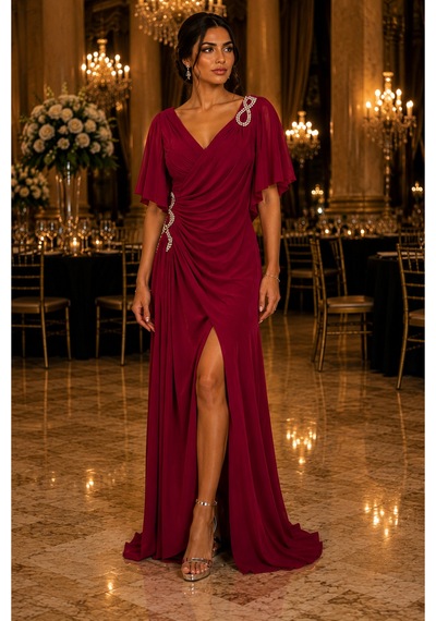 Gül&can Butik Bordo Drapeli Yırtmaçlı Uzun Abiye Elbise Bordo