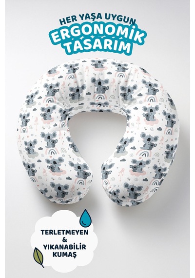 Sevimli Koala Desenli Pamuklu Boyun Yastığı - Pastel Gri Pembe Çocuk & Yetişkin Seyahat Yastığı Çok Renkli