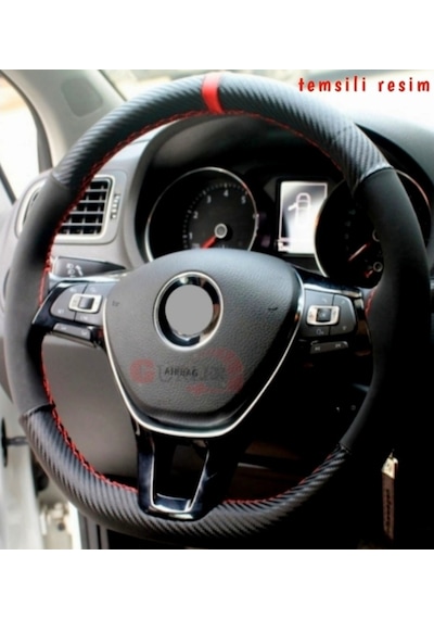 Opel Astra G Direksiyon Kılıfı Carbon Alcantara Kırmızı Yüzüklü