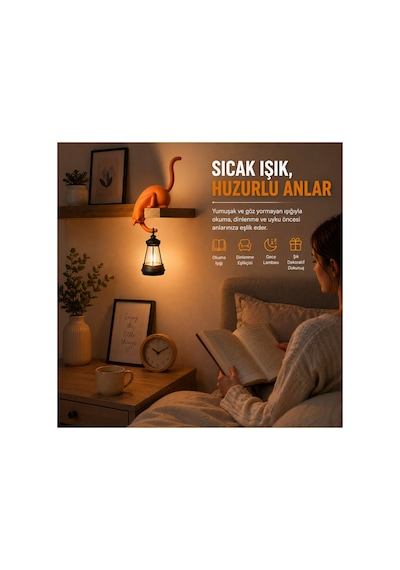 Modern & Şık - Minimalist Kedi Tasarımlı Dekoratif Raf Lambası Gece Lambası Açık 52054541
