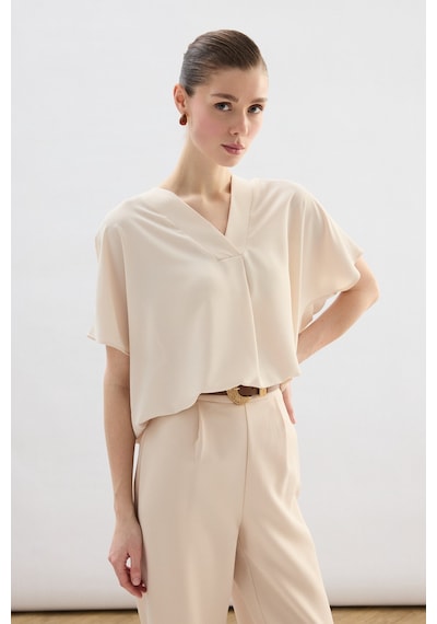 Sateen Geniş Kısa Kollu Bluz - Bej-136759 Bej