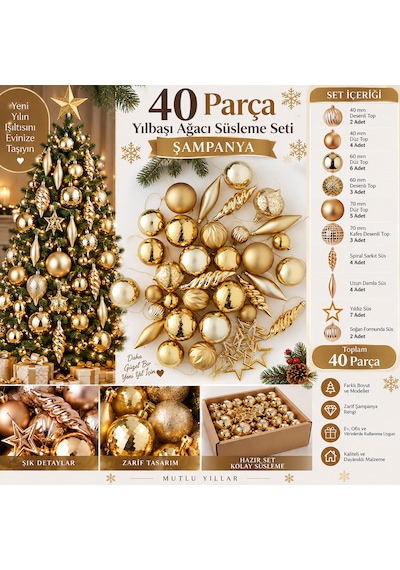 40 Parça Altın Yılbaşı Ağacı Süsleme Seti Top, Yıldız, Damla Ve Spiral Dekor Süsleri 3 CM