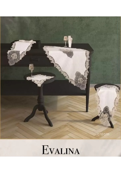 Evalina Model Krem-krem 5 Parça Keten Dantelli Runner Seti Salon Takımı