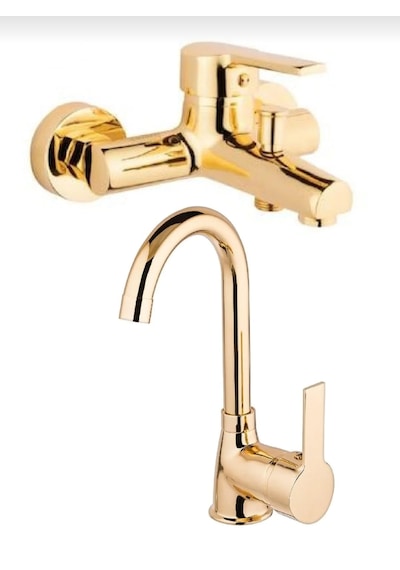 Eshome Eskaya 2 Li Set Kaliteli Gold Renk Lüx Gövde Banyo Ve Banyo Lavabo Musluğu Bataryası Altın