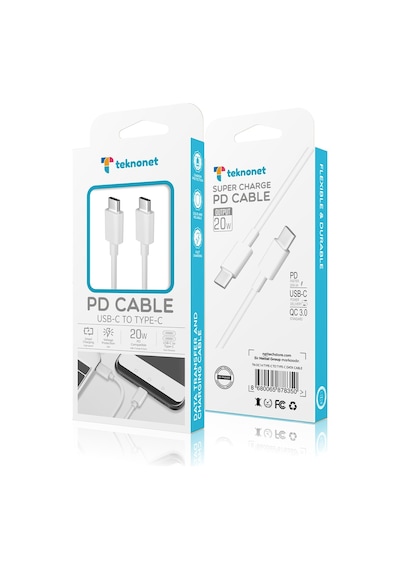 Teknonet TN-DC14 PD 20 W QC 3.0 A Type-C To Type-C Şarj ve Data Kablo 100 CM Beyaz