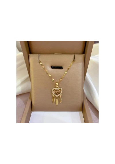 Lunarie Kalp Düş Kapanı Tüy Sarkıtlı 14k Gold Çelik Kolye Altın