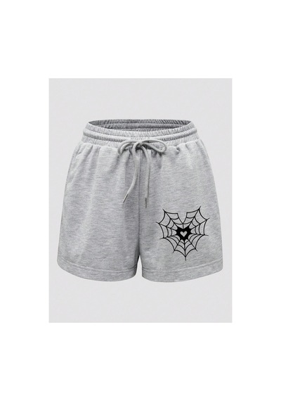 Tarzsokak Halloween Spider Web & Heart Print Drawstring Waist Şort Gri