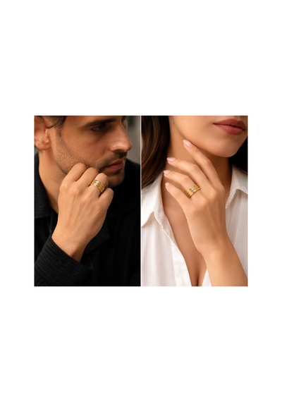 Unisex Gold Renk Geometrik Desenli Çelik Alyans Yüzük Altın - 918189350 Altın