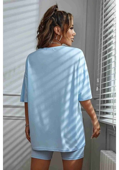 Merry See Wellness Baskılı Soft Kısa Kollu Şortlu Alt Üst Takımı Mavi 001