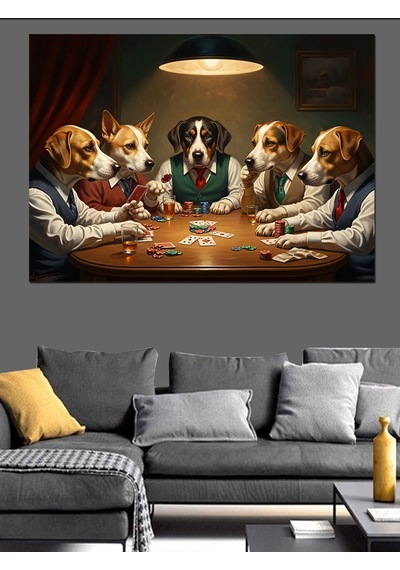 Masa Başında Poker Oynayan Köpekler Dekoratif Kanvas - Mdf Ahşap Tablo