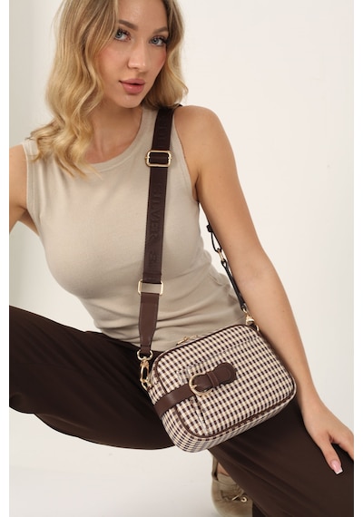 Silver Polo Sp1256 Kadın Çapraz Çanta Ekose Line Kare Kahve Sarı-kahve
