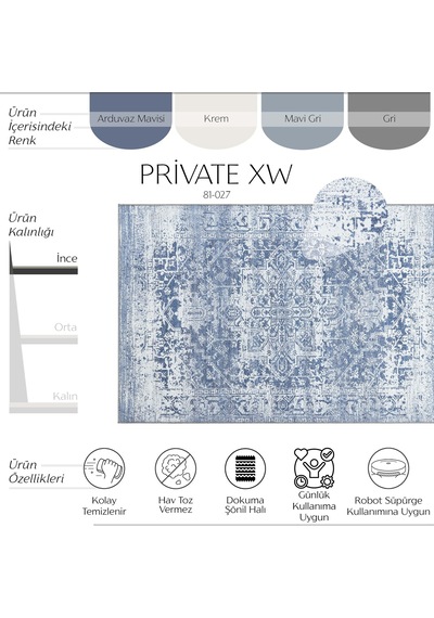 Cool Halı Private Xw Mavi Eskitme Desen Halı Etnik Desenli Otantik Görünüm İnce Vintage Salon Halısı