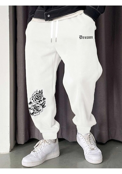 Letter Graphic Drawstring Waist Eşofman Altı Beyaz