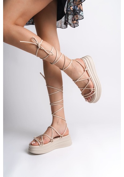 Samantha Bilekten Bağlamalı Ortopedik Taban Kadın Terlik Ckt - Krem Krem