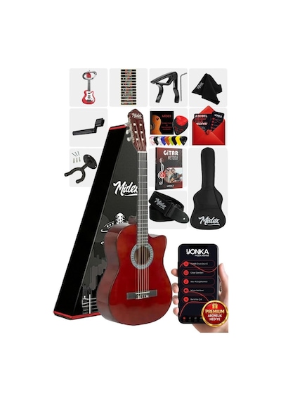 Midex CG-390BR-XBAG Klasik Gitar 4/4 Sap Ayarlı Kesik Kasa (Çanta Tuner Askı Capo Metod Pena)