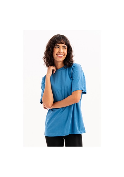 Justever 100% Pamuk Oversize Fit Bisiklet Yaka Mavi Kadın T-shirt - Halo Mavi
