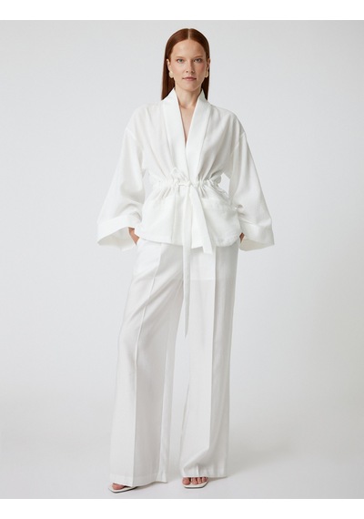 Koton Oversize Kimono Kuşaklı Geniş Uzun Kollu Cepli Beyaz 4sak50144pw Beyaz