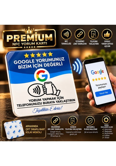 Nfc Google Yorum Ve Sosyal Medya Link Kartı Çift Taraflı Bantlı Pleksi Temassız Yorum Kartı