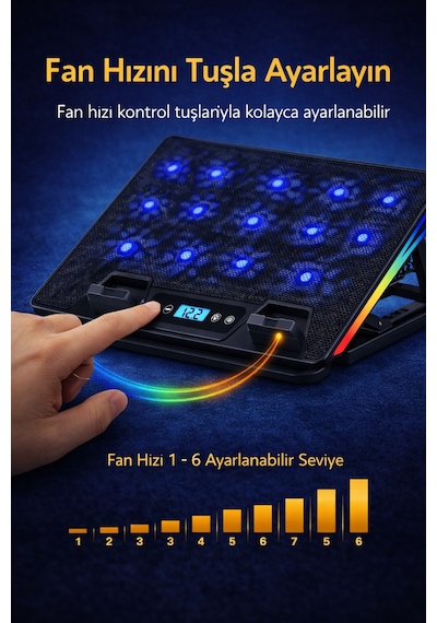 Rgb Işıklı Laptop Soğutucu Stand Lcd Ekran 15 Fanlı Güçlü Sessiz Soğutma