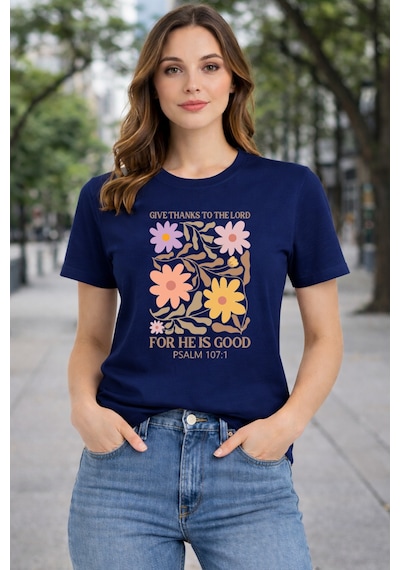Herkesemoda For He Is Good Baskı Detaylı Basic T-shırt Lacivert