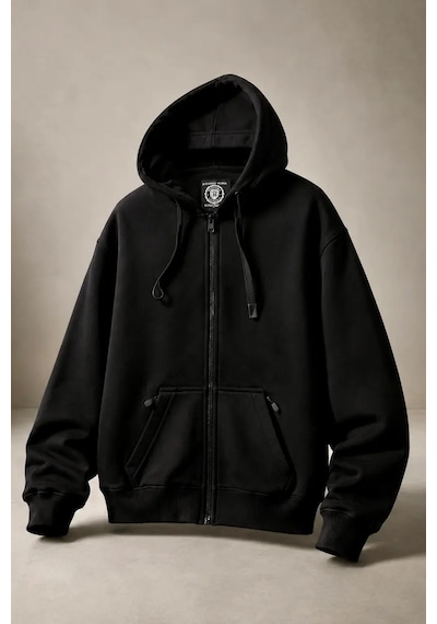 Bb Butik Basic Oversize Kalın Üç Iplik Fermuarlı Kapüşonlu Sweatshirt siyah