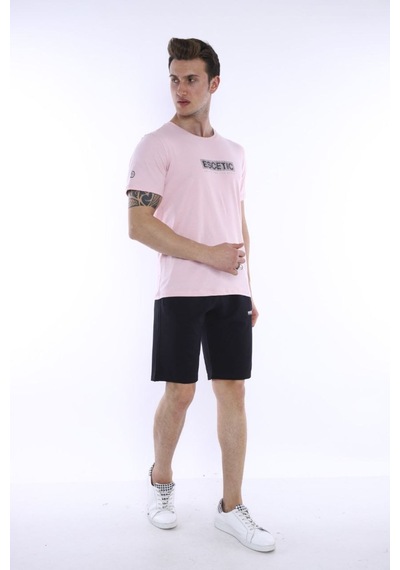 Erkek Spor Pudra Bisiklet Yaka Slim Fit Alt-Üst Şort Takım-3842 Pudra