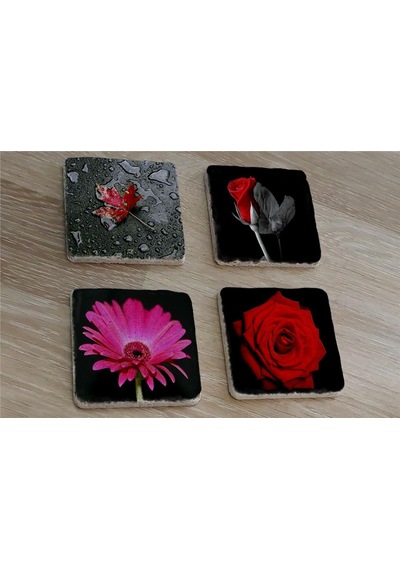 Kırmızı Gül Ve Gerbera Doğal Taş Bardak Altlığı 4'lü Set Taş Kırmızı