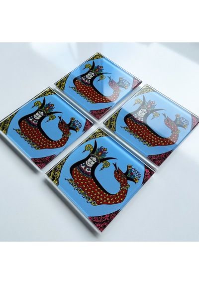 Cam Bardak Altlığı Klasik Şahmeran 4'lü Takım 10cm X 10cm Beyaz