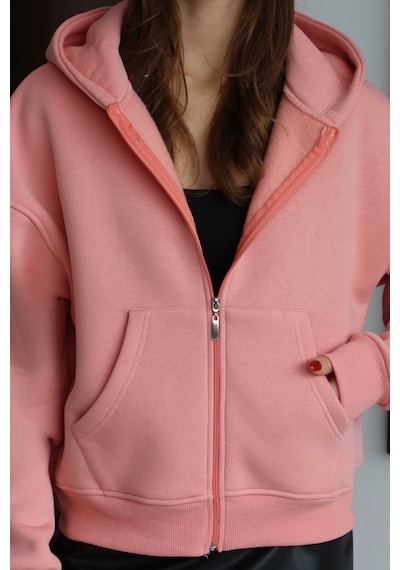Balenbi Kadın 3 İplik İçi Polarlı Kapüşonlu Oversize Sweat Hırka 1110 Somon