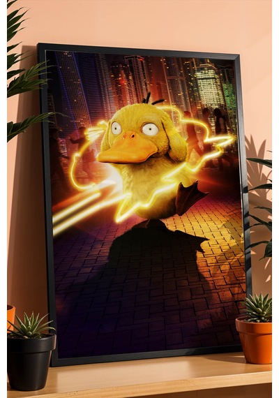 Psyduck Neon Psişik Güç Çerçeveli Tablo - Lüks Realistik Pokemon Anime Modern Şehir Duvar Dekoru Siyah