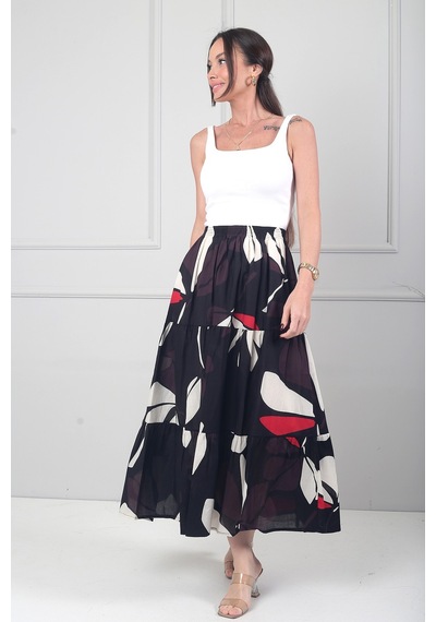 By Saygı Kadın Beli Lastikli Astarlı Çiçek Desenli Fırfırlı Midi Cotton Etek Siyah