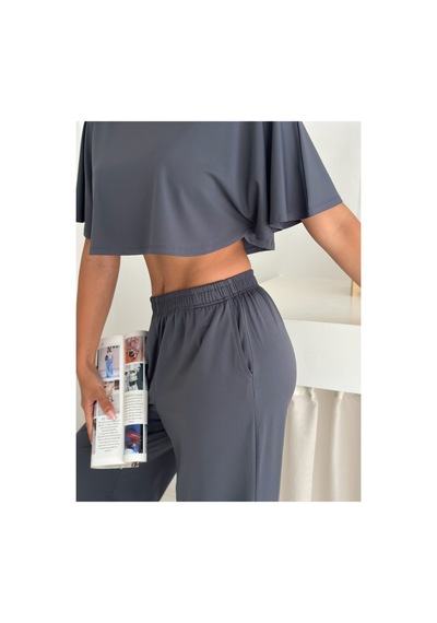 Gugus Yazlık Takım - Alt Üst Kadın Dokulu Kumaş -baggy Pantolon + Salaş Üst Koyu Gri