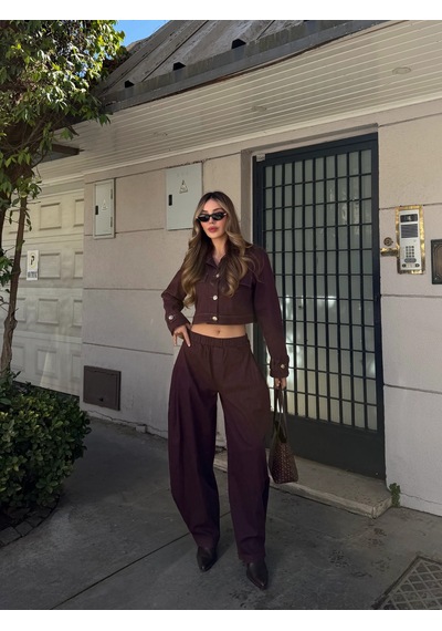 Laluvia Mürdüm Kot Crop Ceket Pantolon Takım - 51244 Mürdüm