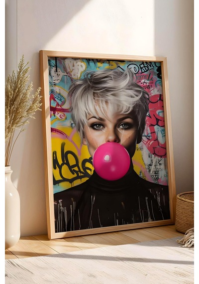 Pembe Sakız Balonu Patlatan Kadın Grafiti Çerçeveli Tablo - Pop Art Poster Tablo