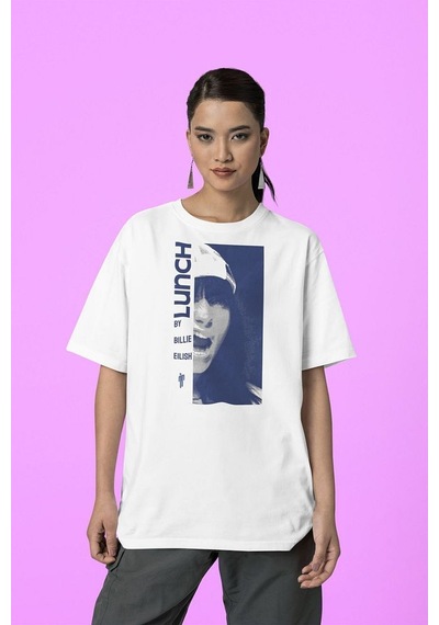 Lunch By Billie Eilish Baskılı Unisex Tişört, Oversize Şarkıcı Ti Beyaz