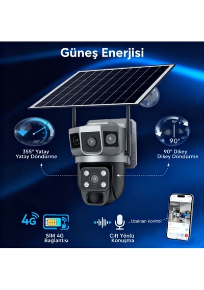 4g 1 Yıl 60 Gb Sım Kartlı Güneş Enerjili 3 Kameralı 360 Döner Güvenlik Kamerası Bahçe Arazi