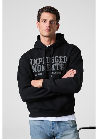 Grımelange Cassıan Erkek Önü Kabaran Baskılı Kapüşonlu Kordonlu Kanguru Cepli Siyah Sweatshirt Siyah