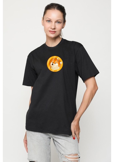 Doge Coin Siyah Oversize Unisex Ön Orta Minimal Baskılı Tişört Siyah