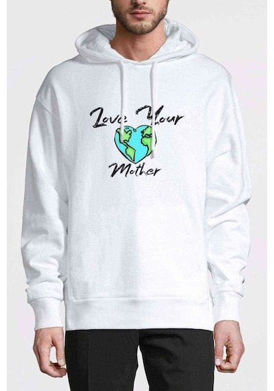 Mother Earth Love Your Mother Baskılı Beyaz Erkek Kapşonlu Sweat