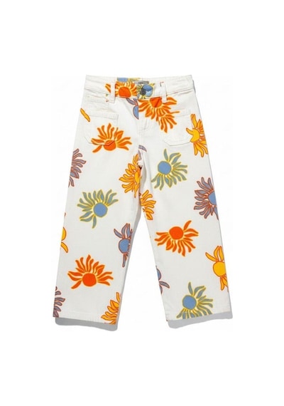 Zekids Kız Bebek Çiçek Desenli Geniş Paçalı Denim Pantolon-16718 Turuncu